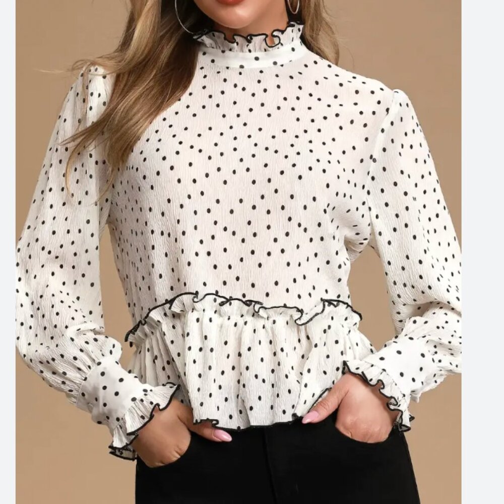 MOODIE Women Small Polka Dot Sheer Ruffle‎ Mock Neck Peplum Blouse